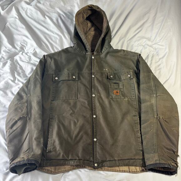 Carhartt J284 MOS Sandstone Sherpa Lined Hooded Thrashed Jacket 2XL Moss Green - Picture 1 of 10